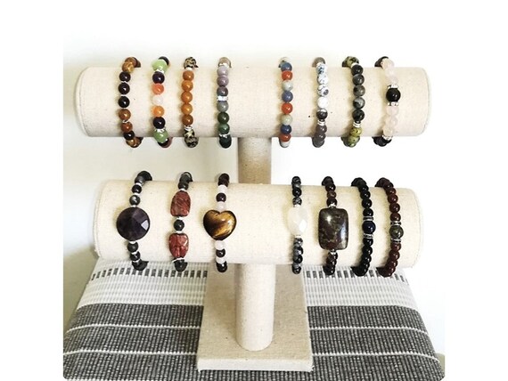 Présentoir Double Jonc Coton Support pour Bracelets, Montre, Colliers pour femme Idée cadeau utile et pratique Couleur et Matière naturelles