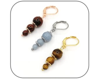 Natursteinohrringe mit 3 Perlen in der Größe 4-6-8 mm für Frau oder Mädchen - Stein und Stahl Ihrer Wahl