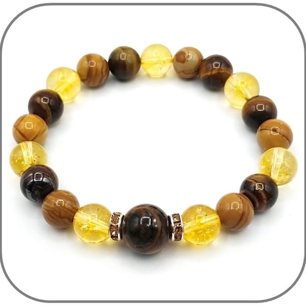 Bracelet Chakra Plexus solaire Pierre naturelle Œil de tigre, Citrine et Bois fossile pour femme