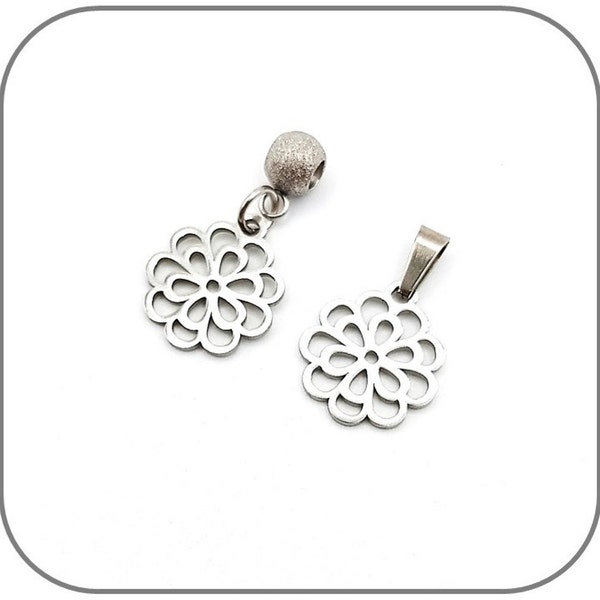 Breloque Pendentif Fleur Multi-pétales Acier inoxydable argent pour collier ou bracelet Cadeau pour musicienne Option Chaîne Acier