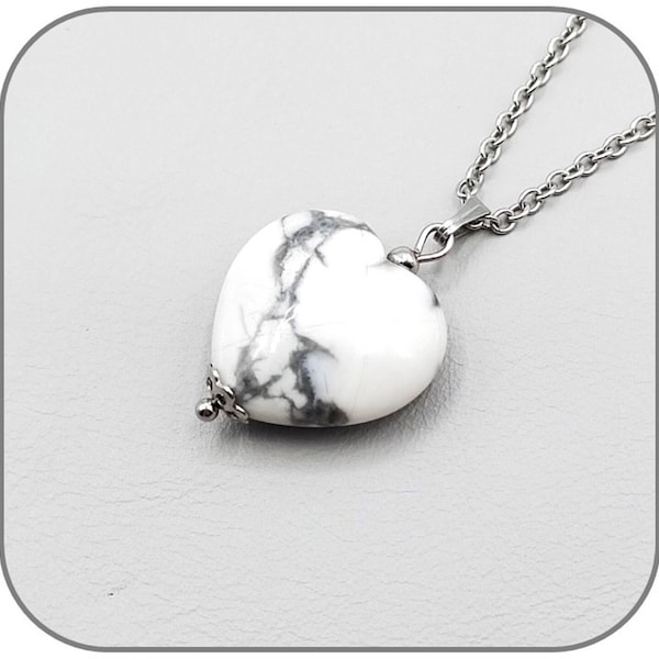 Pendentif argent, doré ou or rose Cœur Pierre naturelle Howlite 20mm pour femme