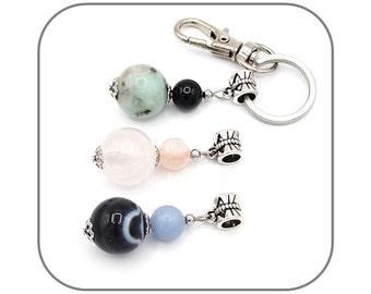 Stone of your choice - 2 in 1 silver pendant key ring Natural stone 8mm and 14mm beads for women or men Stainless steel