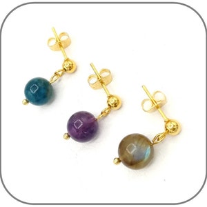 Gold earrings Natural stone of your choice 8mm for women or girls 18k gold plated steel Hypoallergenic earrings