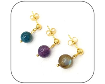 Women's 8mm Natural Stone Earrings (Your Choice) | 18k Gold Plated Steel | Hypoallergenic Earrings