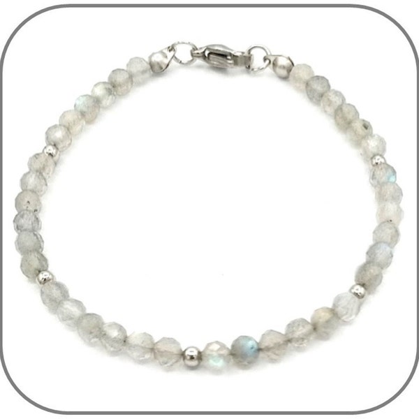 Bracelet Labradorite Qualité supérieure Pierre facettes 4mm pour femme - Monture acier argent ou doré - Longueur au choix