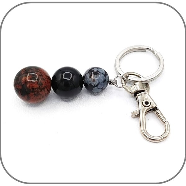 Porte clés Trio Obsidienne noire, acajou et mouchetée Pierre naturelle ronde 10-12-14mm pour femme ou homme Acier inoxydable