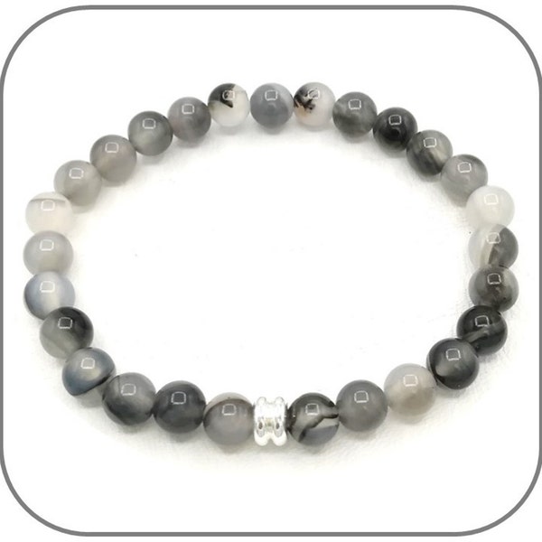 Bracelet 6mm Agate gris noir Pierre naturelle lisse et ronde pour homme ou femme - Perle argent ou dorée - Longueur au choix