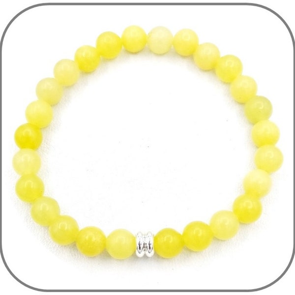 Bracelet 6mm Jade jaune Pierre naturelle lisse et ronde pour homme ou femme - Perle argent ou dorée - Longueur au choix