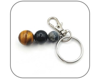 Porte clés Protection Oeil de tigre Obsidienne noire Labradorite Pierre naturelle ronde 10-12-14mm pour femme ou homme Acier inoxydable