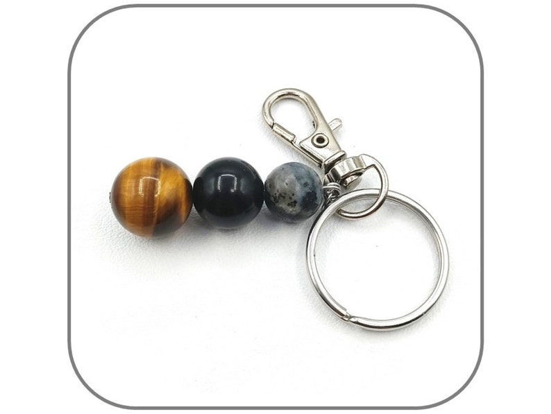 Llavero Protección Ojo de Tigre Obsidiana Negra Labradorita Piedra natural redonda 10-12-14mm para mujer o hombre Acero inoxidable Avec mouqueton