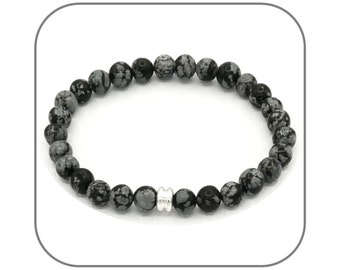 Speckled Obsidian bracelet 6-8mm Smooth and round natural stone for men or women - Silver or gold bead - Length of your choice