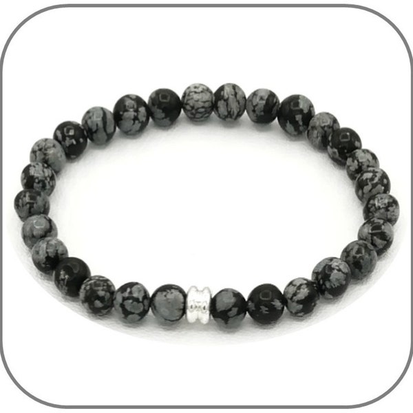 Bracelet 6-8mm Obsidienne mouchetée Pierre naturelle lisse et ronde pour homme ou femme - Perle argent ou dorée - Longueur au choix