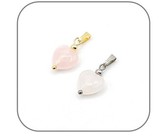 Pendentif Quartz rose Pierre naturelle Cœur 10mm pour femme Acier Argent ou doré Option Chaîne acier assortie