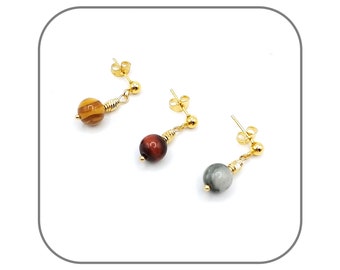 Natural Stone Earrings 8mm 18k Gold Plated Steel for Women | Grooved Column 18k Gold Plated Brass | Hypoallergenic Earrings