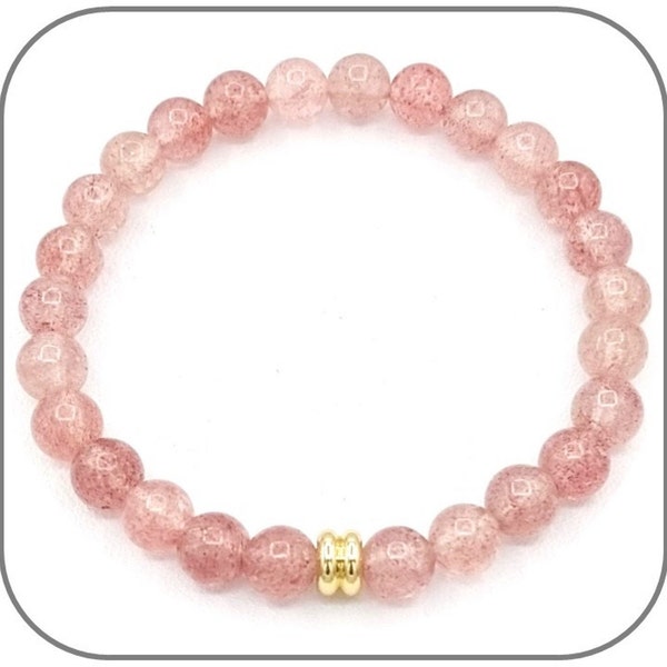 Bracelet 6-8-10mm Quartz fraise Pierre naturelle rose lisse et ronde pour femme - Perle argent ou dorée - Longueur au choix