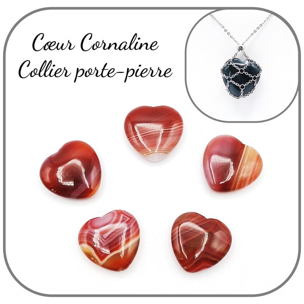Cœur Cornaline rouge Pierre naturelle 3cm Option Collier Porte Cristal Pochette chaîne en acier pour femme Idée cadeau original