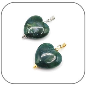 Green Agate Heart Pendant, Natural Stone, 20mm, for Women, Bail Available in Silver, Gold, or Rose Gold