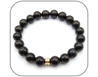 Pulsera de Shungit negra Piedra natural de 8 mm lisa y redonda para hombre o mujer - Cuenta de plata u oro - Longitud de su elección