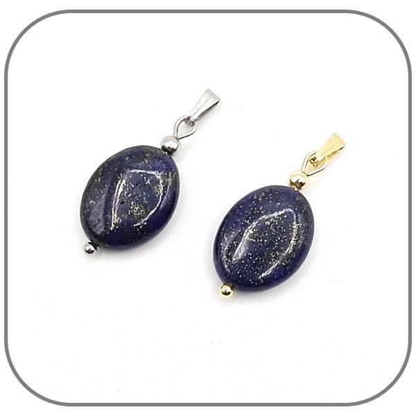 Pendentif Lapis Lazuli Pierre naturelle ovale 16x12mm pour femme Monture Acier argent, doré ou or rose Option chaîne 45cm