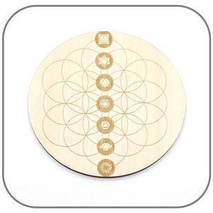 7 Chakra Disc and Flower of Life, Linden Wood, 10cm, Purification and Recharging, Natural Stone, Energizes Water and Food