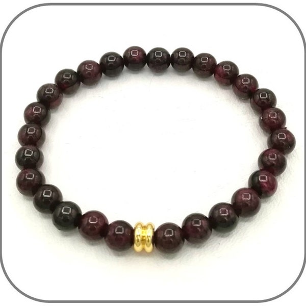 Garnet bracelet 6mm Smooth and round natural stone for women - Silver or gold bead - Length of your choice