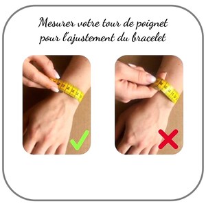 May include: Two images showing how to measure your wrist for a bracelet. The first image shows a correct measurement with a checkmark. The second image shows an incorrect measurement with an X.