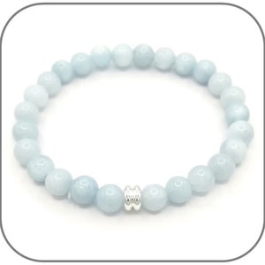 May include: A light blue gemstone bracelet with a silver spacer bead.