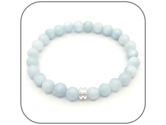 Bracelet Aigue Marine 6-8mm Pierre naturelle lisse et ronde Bleu clair - Perle argent ou dorée - Longueur au choix