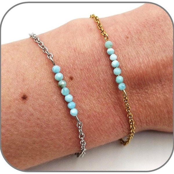 Bracelet Larimar Chaîne Acier Pierre naturelle rond facettes 2.5-3mm pour femme Acier argent ou doré Longueur au choix