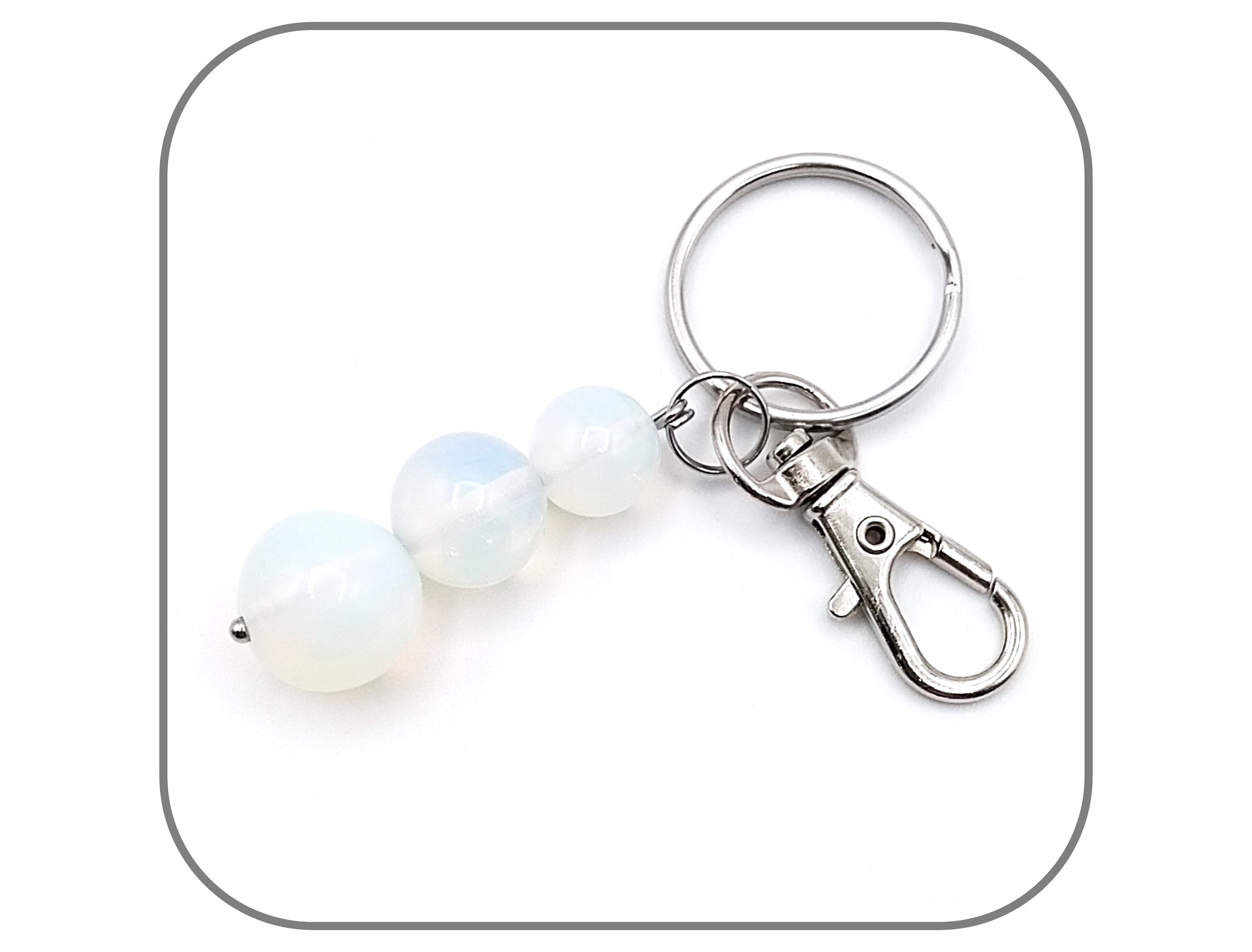 Opalite Keychain Round Stone 10-12-14mm for Women Stainless Steel Swivel Carabiner Option