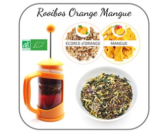 Rooibos Orange Mangue Bio Parfum Frais et Fruité, Infusion sans théine, Préparation chaude ou glacée 10-50-150g