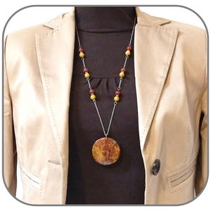 Necklace necklace sautoir Natural stone Jasper Mookaite and Breccia Large round pendant for women Silver steel Length 70cm Unique model