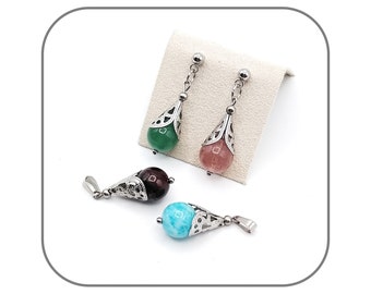 Natural Stone Pendant 10mm Silver Steel Drop Filigree Baroque Decor for Women Option Chain 45cm