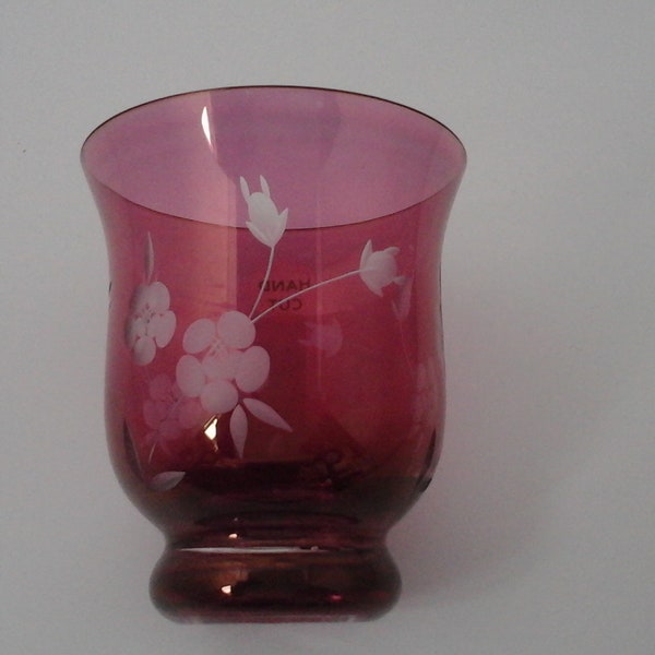 Dark Pink Glass Vase with Etched White Flowers. Slovakian Hand Cut Vase. Very Pretty. Lovely Condition. Perfect for any home