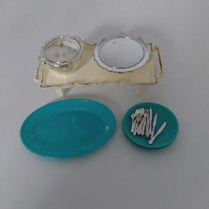 1970s Barbie Doll Dining Accessories inc Tea Tray, Platter, Plates, Cake Stand, Lidded Serving Dish, Cutlery. Great Collection