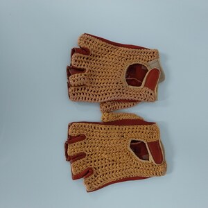 1960s Driving Gloves Crochet & Brown Leather Fingerless. Great Condition