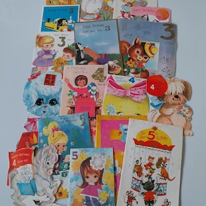 Cartões de aniversário dos anos 1960 para 3, 4 e 5 anos. Conjunto de 18 cartões usados Cartões de aniversário vintage Cartões originais dos anos 1960 e 1970. Perfeito para projetos de artesanato