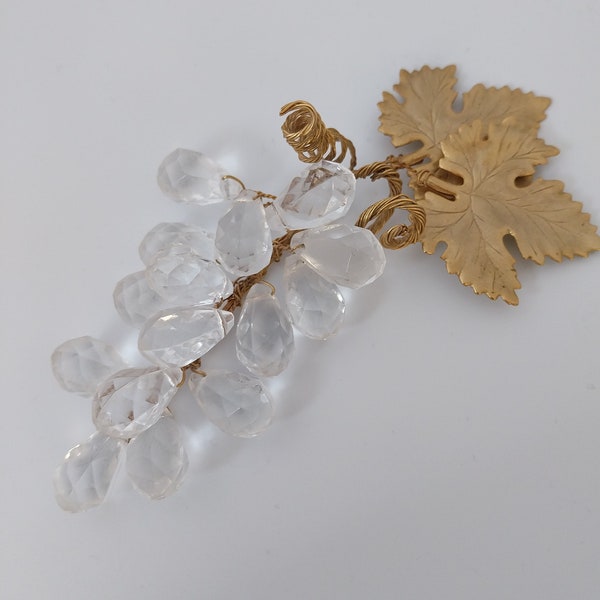Glass Ornament Vintage 1980s Glass Bunch of Grapes with Delicate Gold Metal Leaves & Stalk. Very Unusual. Great Condition