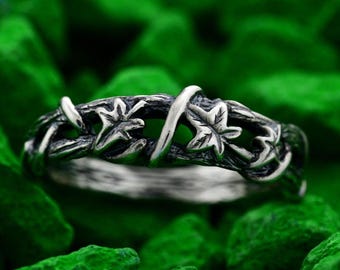 Elegante anillo de plata con forma de hoja, alianza de boda artesanal inspirada en la naturaleza — Regalo nupcial personalizado