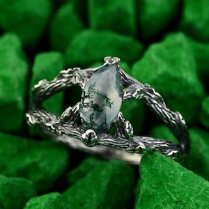 Silver Twig Moss Agate Ring - Sterling Silver Nature Inspired Ring - Handmade Branch Engagement Ring - Unique Boho Jewelry - Fantasy Ring