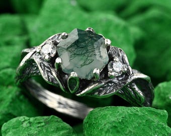 Sterling Silver Moss Agate Ring | Vintage-Inspired Natural Stone Ring | Handmade Boho Jewelry | Unique Green Agate Ring