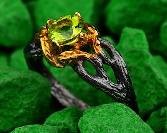 Forest Ring with Peridot, Ring of Natural Beauty in Sterling Silver — Personalized Engagement Ring