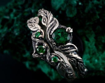 Emerald Silver Twig Ring, Forest-Inspired Leaf Design, Artisanal Wedding Band, Bohemian Green Gemstone Ring, Unique Handcrafted Jewelry