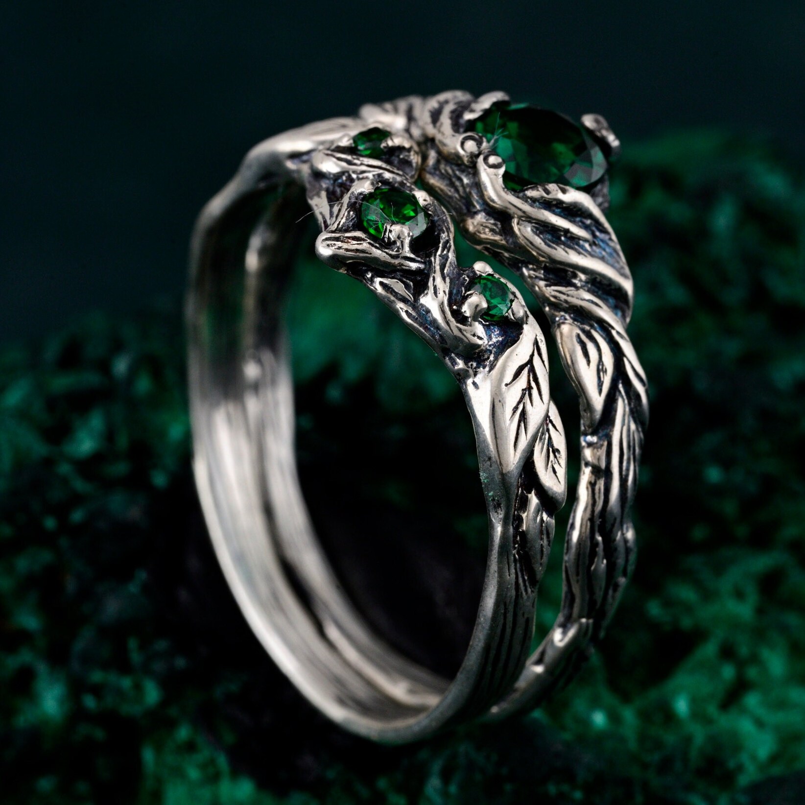 Emerald Silver Twig Ring, Forest-inspired Leaf Design