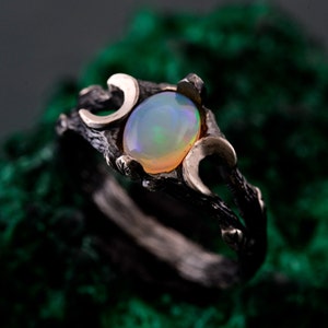 Silver Moon Phase Ring with Opal | Enchanted Forest Branch Design | Boho Celestial Opal Wedding Band | Mystical Jewelry