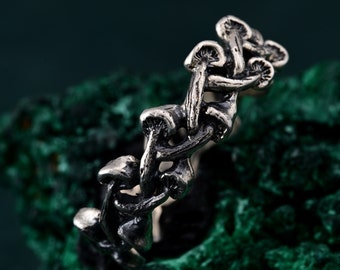 May include: A silver-toned ring featuring a repeating pattern of detailed mushroom designs. The ring is set against a dark green, textured background. The mushrooms have textured caps and stems, creating a nature-inspired accessory.