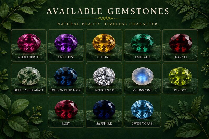 May include: An image showcasing a variety of gemstones, including alexandrite, amethyst, citrine, emerald, garnet, green moss agate, London blue topaz, moissanite, moonstone, peridot, ruby, sapphire, and Swiss topaz. The text reads "AVAILABLE GEMSTONES" and "NATURAL BEAUTY. TIMELESS CHARACTER."