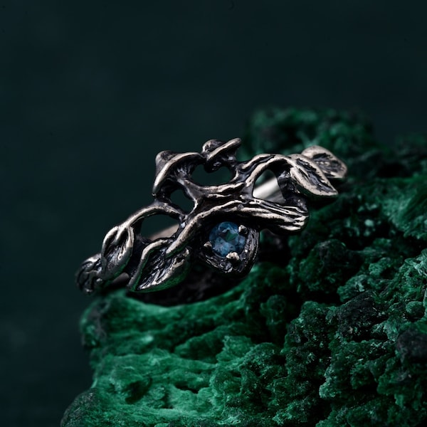 Sterling Silver London Blue Topaz Ring, Organic Nature Inspired Statement Jewelry