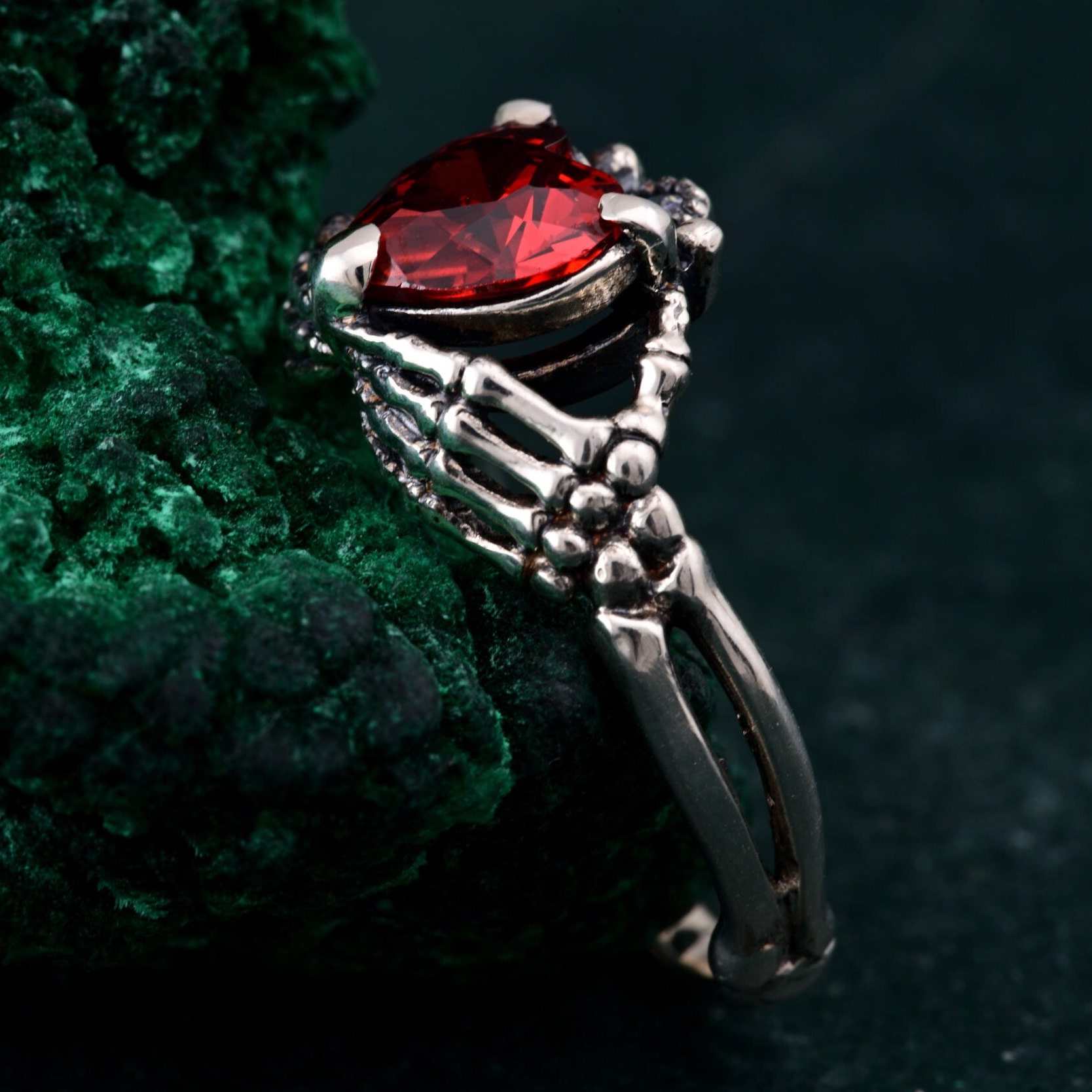 Vintage Skeleton Hand Engagement Ring, Gothic Red Heart