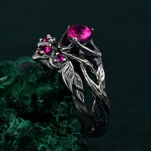 Enchanted Forest Silver Ring Set, Elven Women's Band, Whimsical Leaf Design, Ruby Gemstone Wedding Stack, Nature-Inspired Bridal Jewelry image 3